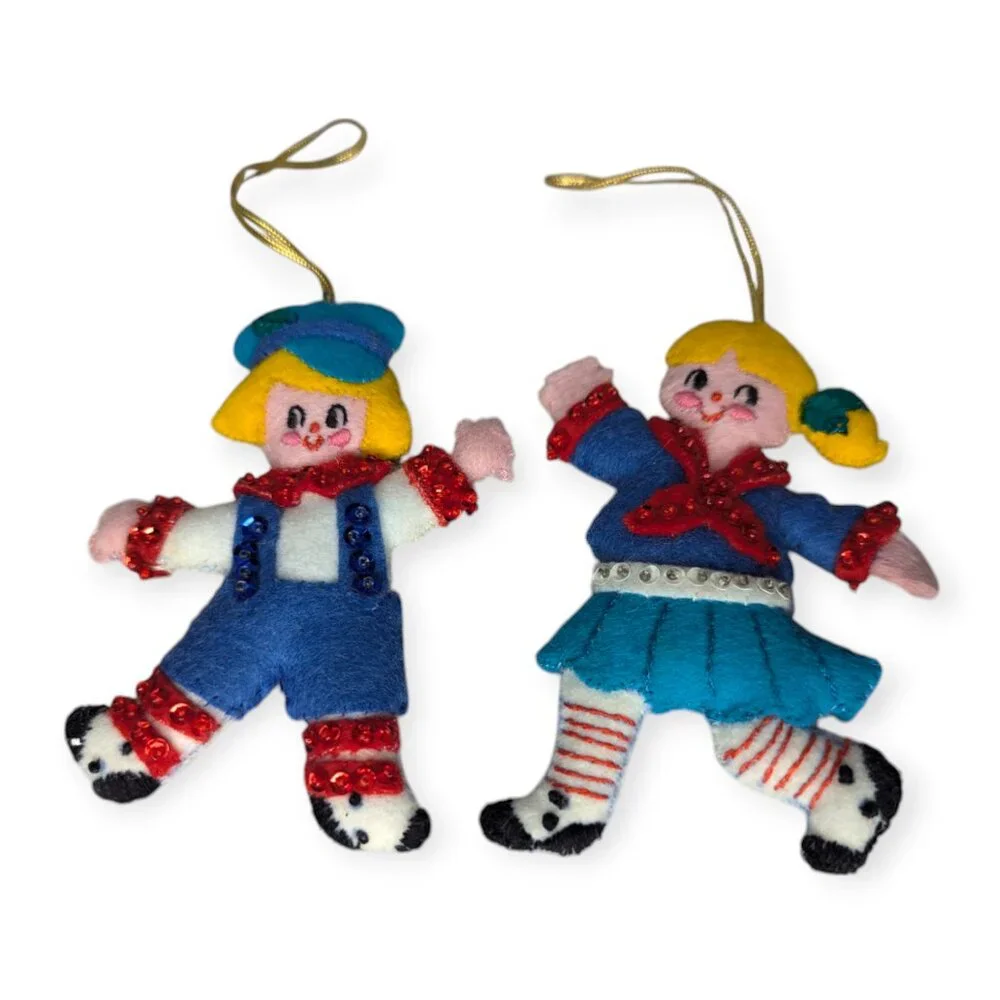 Vintage 1970s Bucilla Felt & Sequin Jack & Jill Ornaments Set of 2